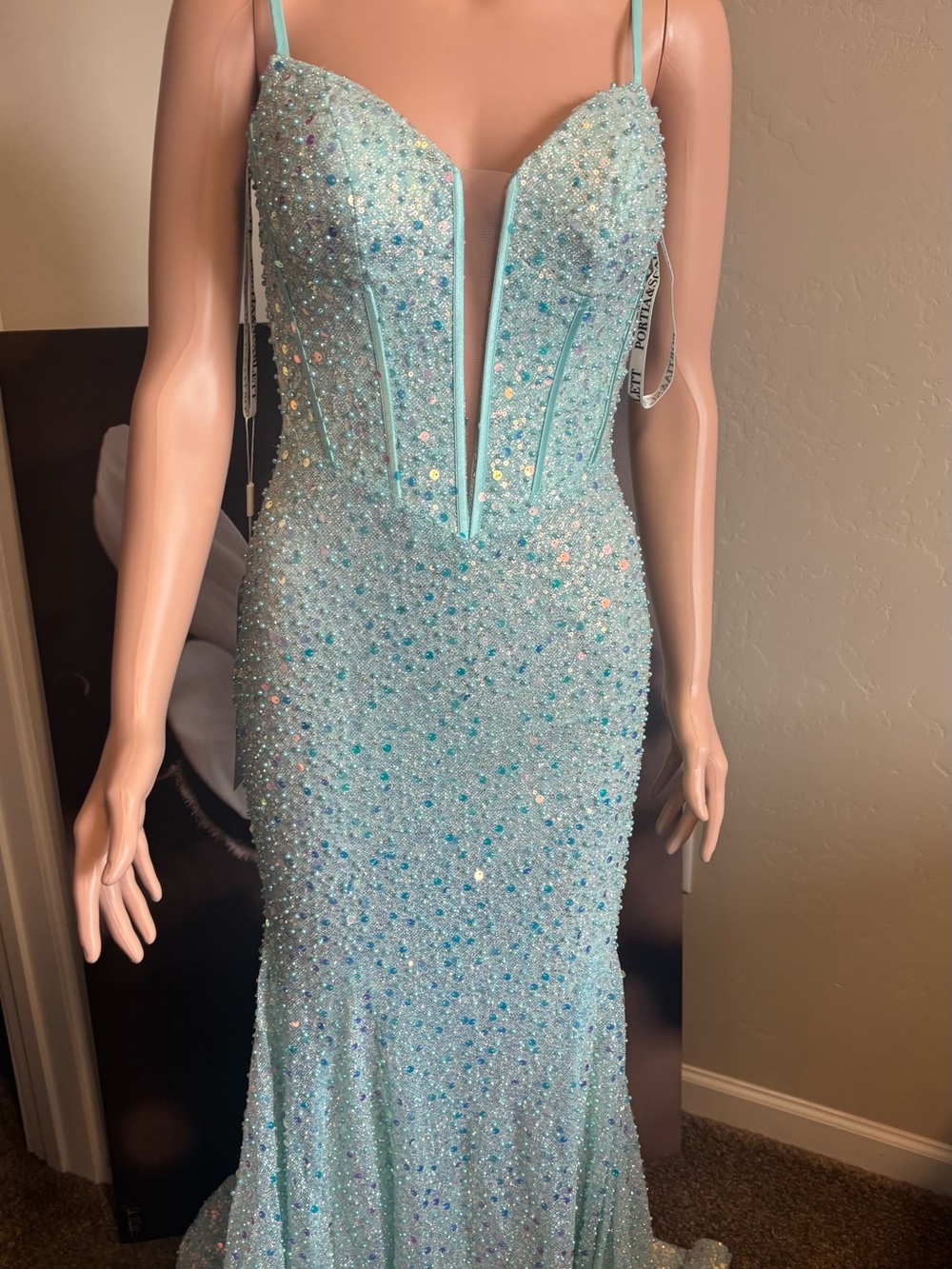 Portia and Scarlett Mint Sequin Mermaid Gown with Plunge V-Neck